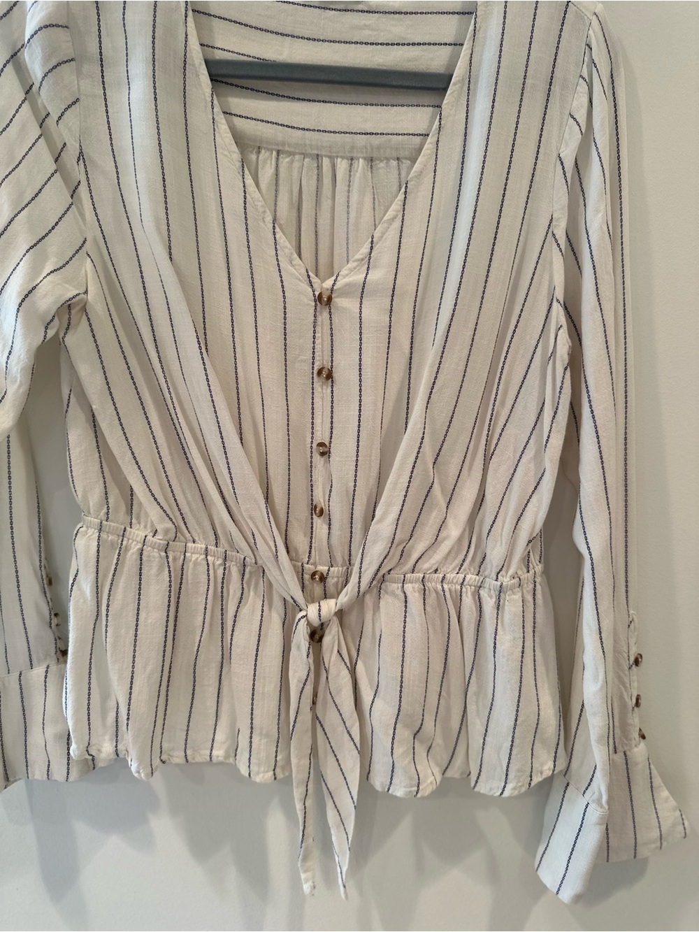 Blu Pepper Cream Striped Tie-Front Blouse - Picture 2 of 6